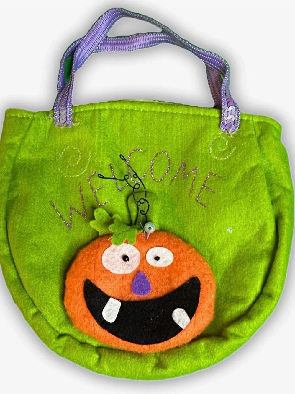 Kids Green Halloween Pumpkin Tote Bag with Purple Sequin Handles